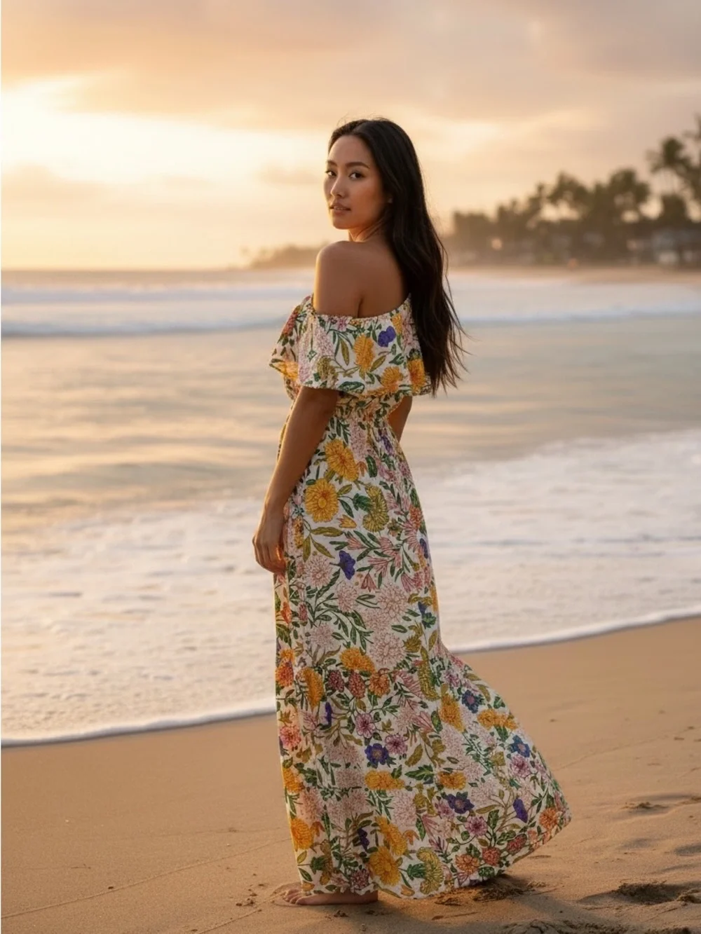 Flying Tomato Off-Shoulder Floral Maxi Dress Yellow and Green Women’s L